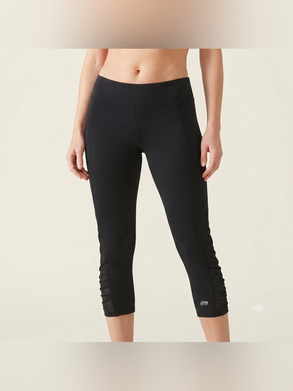 Marika Black Mesh Side Ruched Tummy Control Capri Activewear Leggings Size L NWT